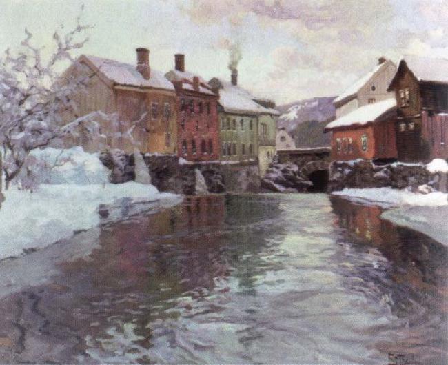 Frits Thaulow snow covered buildings by a river Germany oil painting art